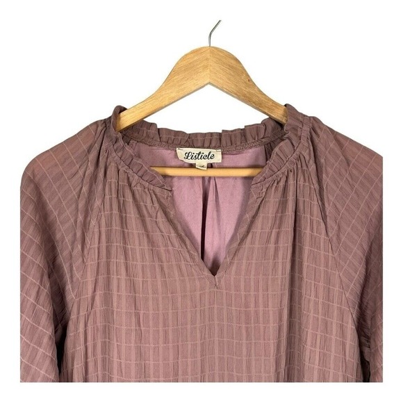 Listicle Tiered Mini Dress Womens Large Dusty Rose Textured Grid Balloon Sleeve - Picture 4 of 10